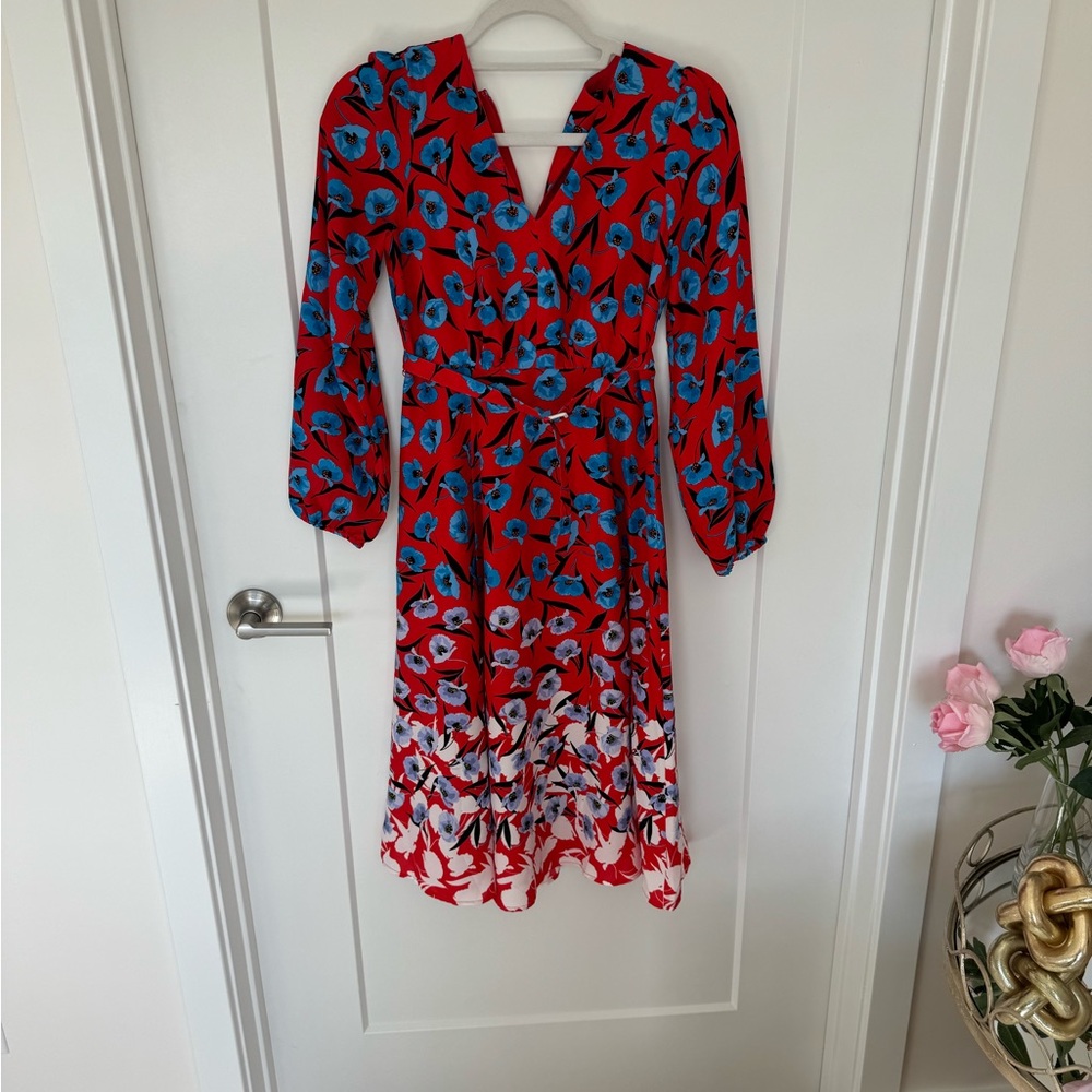 Ann Taylor Floral Red Poppyseed print Midi Dress 00P NWOT - Picture 5 of 10